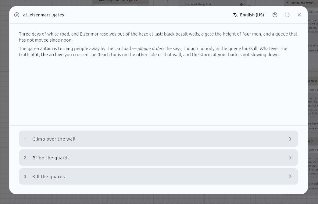 A story being played: rendered prose above a list of choices